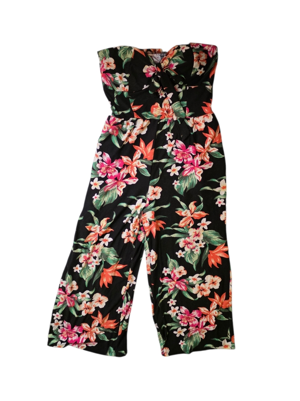 No Boundaries Black Floral Strapless Wide-Leg Jumpsuit